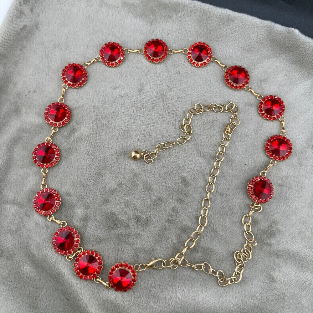 Chain Belt Red Rhinestone Gold Tone Adjustable 44in